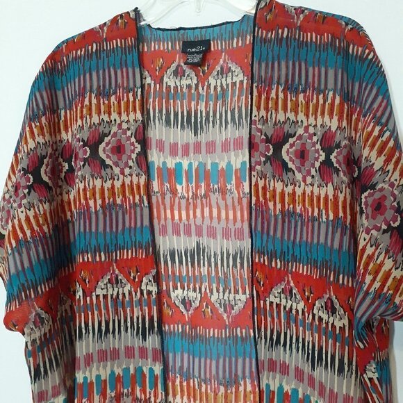 RUE 21 Long Red Sheer Chiffon Open Tunic; Short Dolman Sleeves; Fringe; Size S - Picture 2 of 5